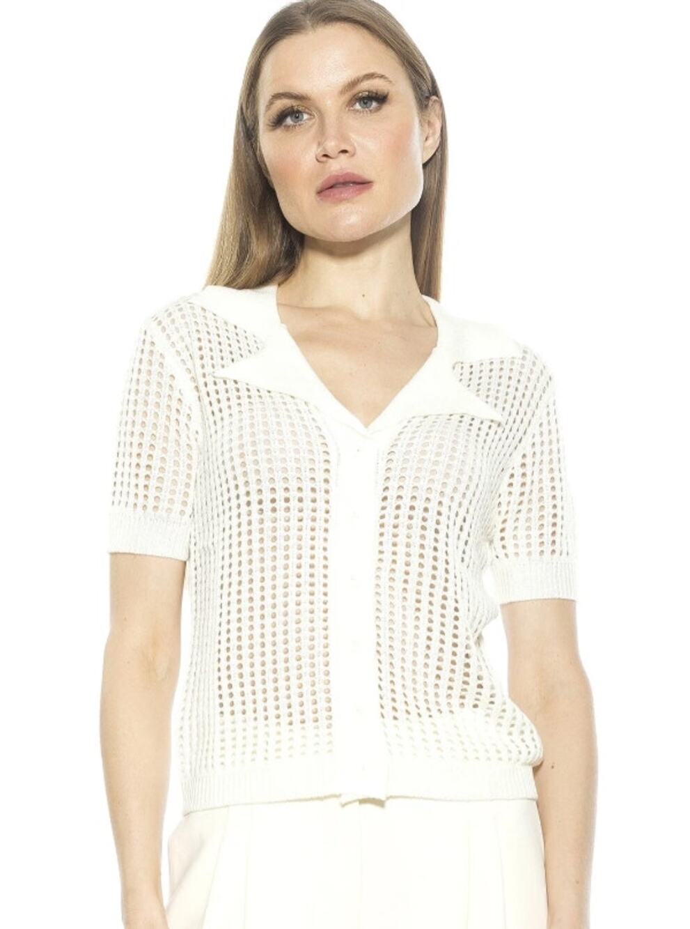 Alexia Admor Ivory Josie Crochet Knit Short Sleeve Button Down Top Medium